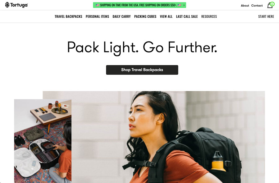 tortugabackpacks.com landing page